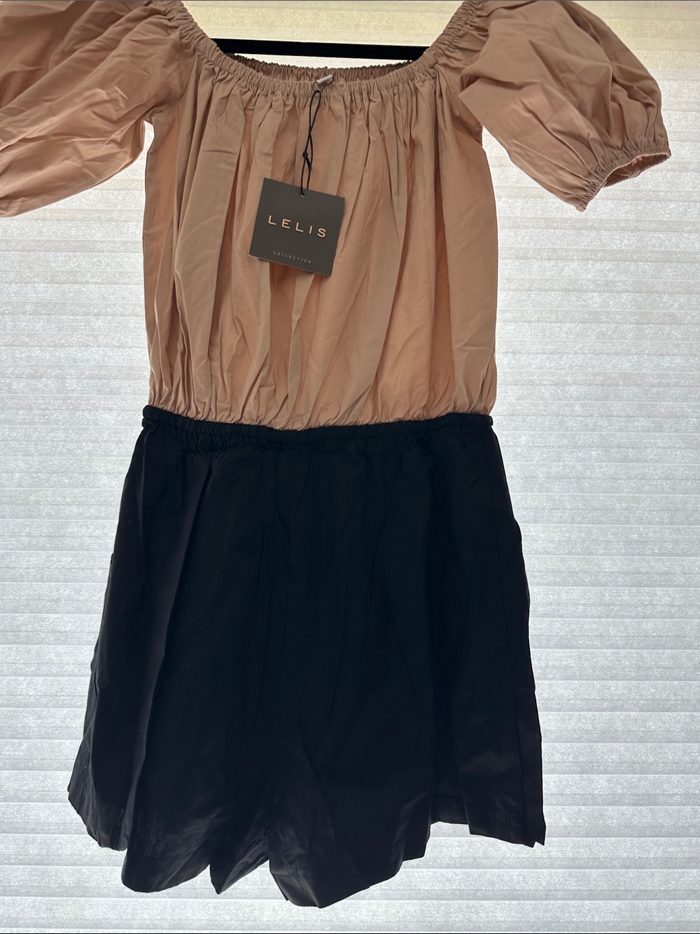 Le Lis Two-Tone Off-Shoulder Dress - Beige Top, Black Skirt. His is a romper😊
